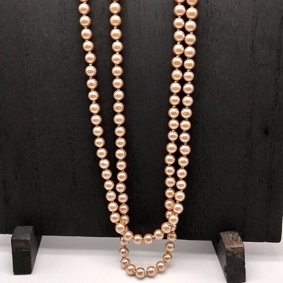 Vintage Long Champagne Faux Pearl Necklace Heavy Hand Knotted Single Strand Bead - Picture 6 of 16